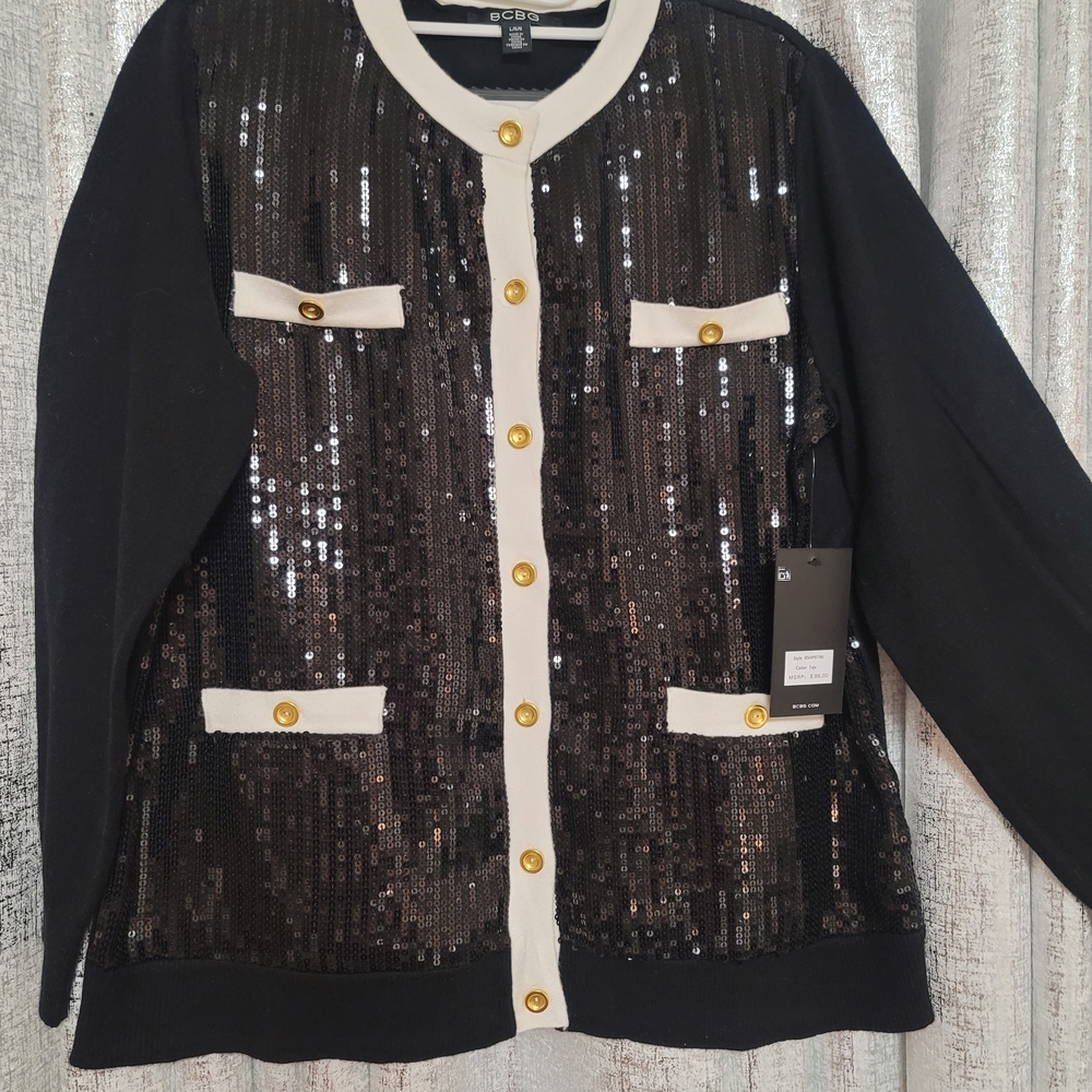 BCBG Black and Cream Sequin Cardigan with Gold Accent